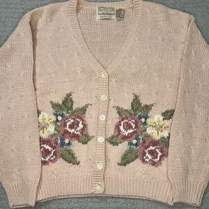 1990s Ashley Cardigan VTG‎ Floral Hand Knit PM Pink Grandmacore Coquette Cottage